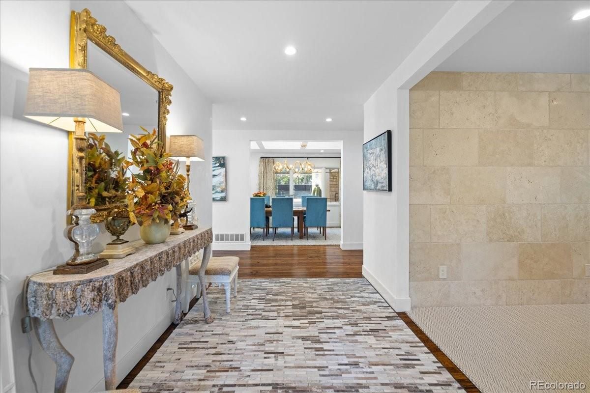 Chandelier, Dining room, Interior, Recessed Lighting, Stone Walls, Wood Texture Flooring