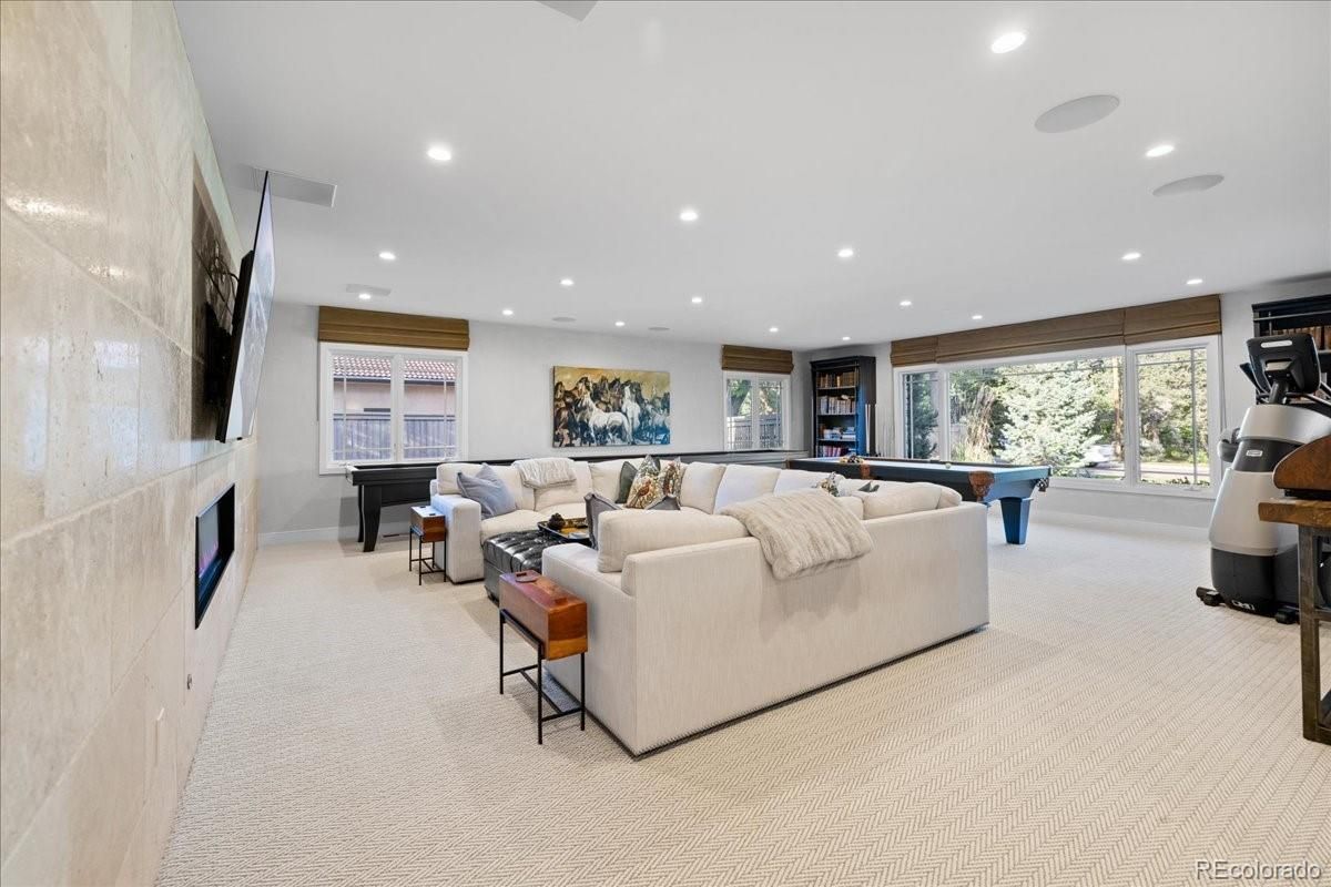 Billiard Table, Fireplace, Game Room, Interior, Living room, Recessed Lighting