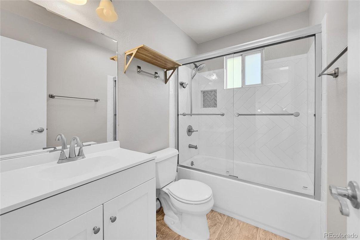 Bathroom, Glass Shower, Interior, Wood Texture Flooring