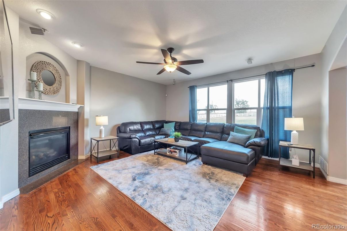 Fireplace, Interior, Living room, Recessed Lighting, Wood Texture Flooring