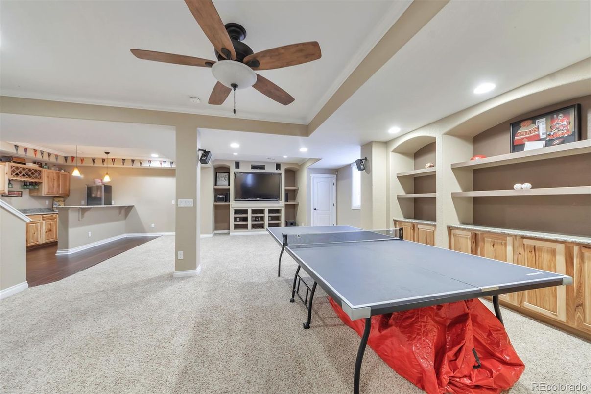 Game Room, Interior, Pendant Lights, Recessed Lighting, Wood Texture Flooring