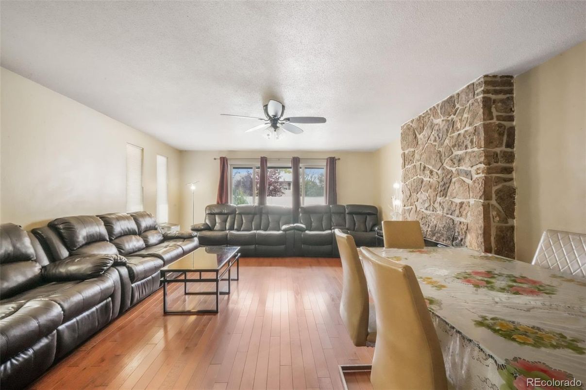 Dining room, Interior, Living room, Stone Walls, Wood Texture Flooring