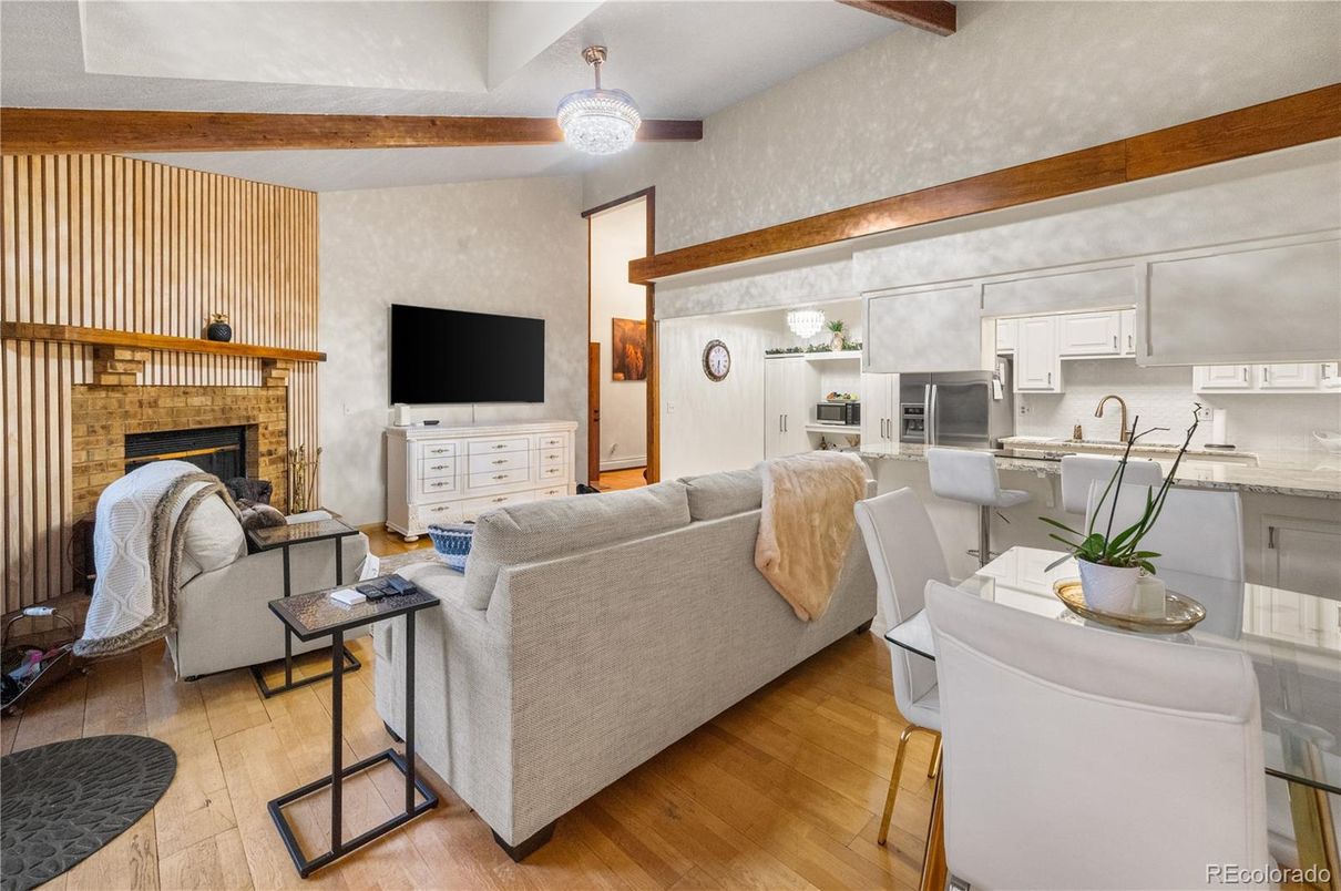 Dining room, Fireplace, Interior, Kitchen, Living room, Stainless Steel Appliances, Wooden Beams, Wood Texture Flooring