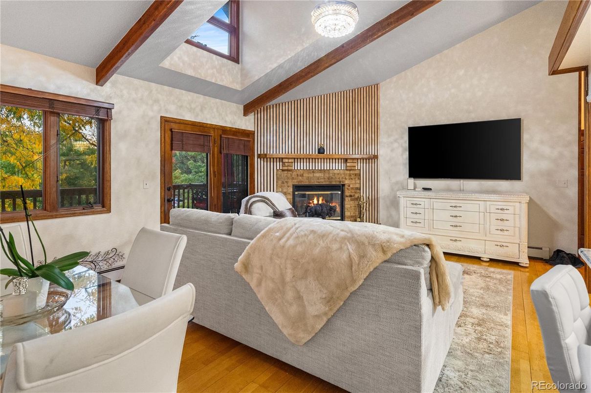 Dining room, Fireplace, Interior, Living room, Wooden Beams, Wood Texture Flooring