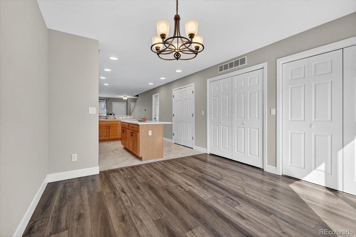Chandelier, Empty room, Interior, Kitchen, Recessed Lighting, Wood Texture Flooring