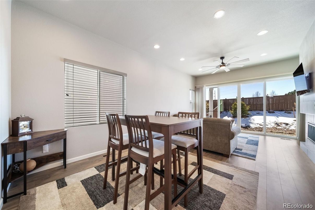 Dining room, Interior, Recessed Lighting, Wood Texture Flooring
