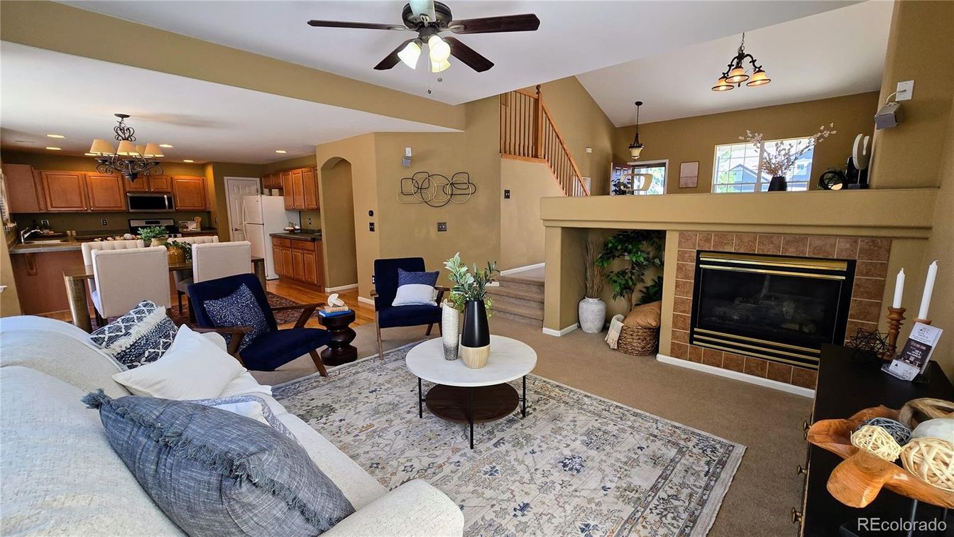 Chandelier, Fireplace, Interior, Kitchen, Living room, Pendant Lights, Recessed Lighting