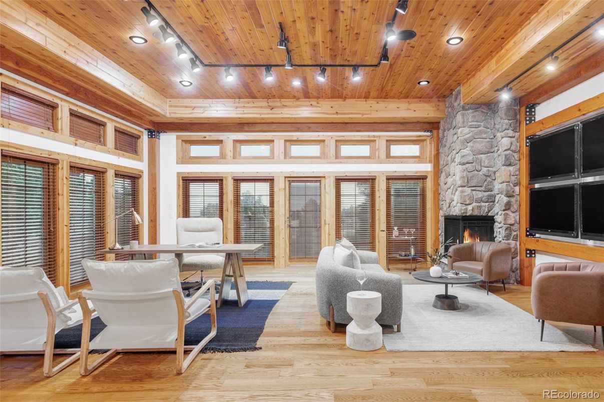 Fireplace, Home Office, Interior, Living room, Recessed Lighting, Stone Walls, Wooden Beams, Wooden Ceilings, Wood Texture Flooring