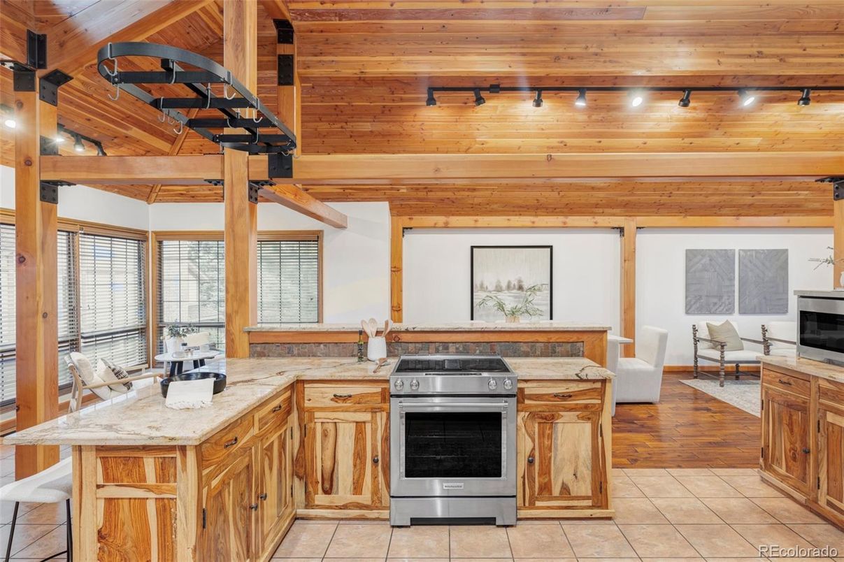 Interior, Kitchen, Living room, Stainless Steel Appliances, Wooden Beams, Wooden Ceilings, Wood Texture Flooring, Wooden Walls