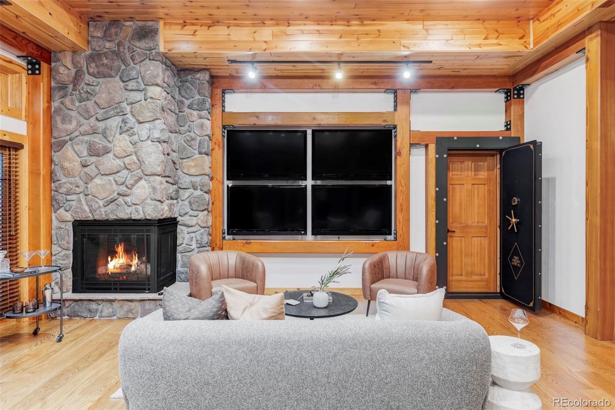 Fireplace, Interior, Living room, Stone Walls, Wooden Ceilings, Wood Texture Flooring