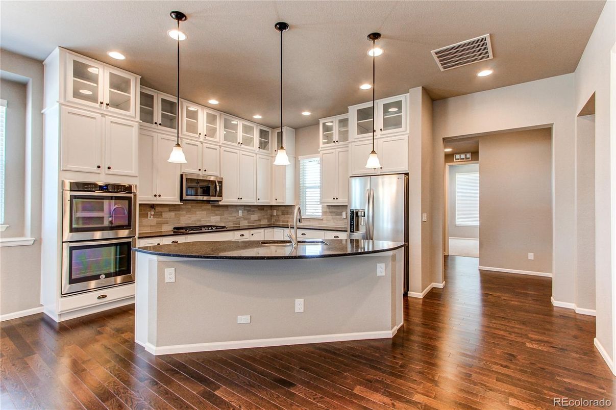 Interior, Kitchen, Pendant Lights, Recessed Lighting, Stainless Steel Appliances, Wood Texture Flooring
