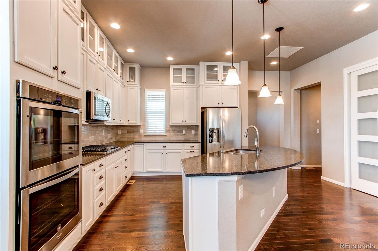 Interior, Kitchen, Pendant Lights, Recessed Lighting, Stainless Steel Appliances, Wood Texture Flooring