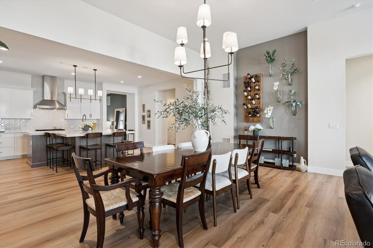 Dining room, Interior, Kitchen, Pendant Lights, Recessed Lighting, Wood Texture Flooring