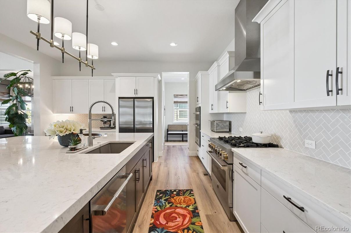 Interior, Kitchen, Pendant Lights, Recessed Lighting, Stainless Steel Appliances, Wood Texture Flooring
