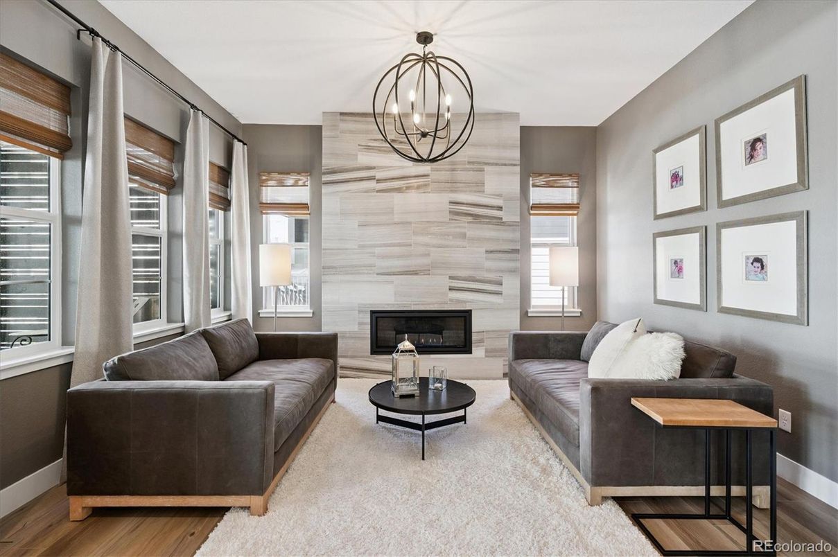 Chandelier, Fireplace, Interior, Living room, Pendant Lights, Wood Texture Flooring
