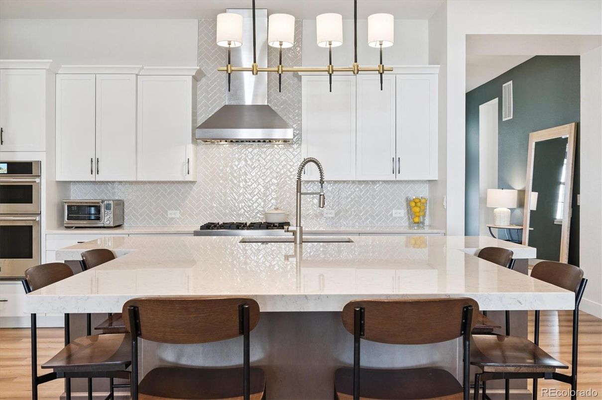 Interior, Kitchen, Pendant Lights, Stainless Steel Appliances, Wood Texture Flooring