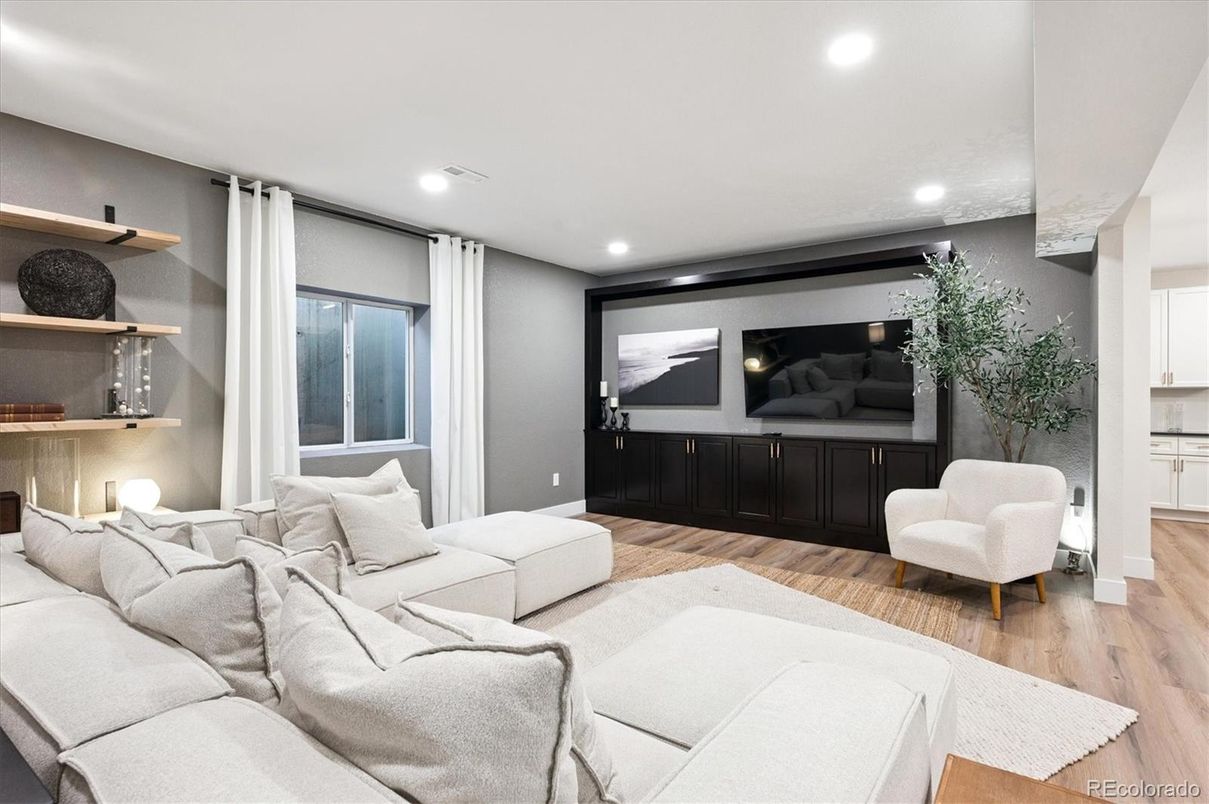 Interior, Living room, Projection Screen, Recessed Lighting, Wood Texture Flooring