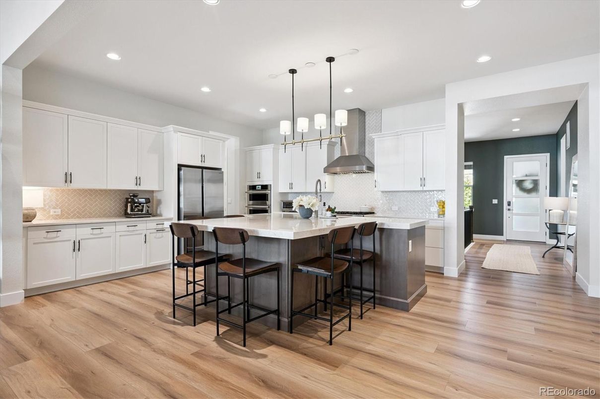 Interior, Kitchen, Pendant Lights, Recessed Lighting, Stainless Steel Appliances, Wood Texture Flooring