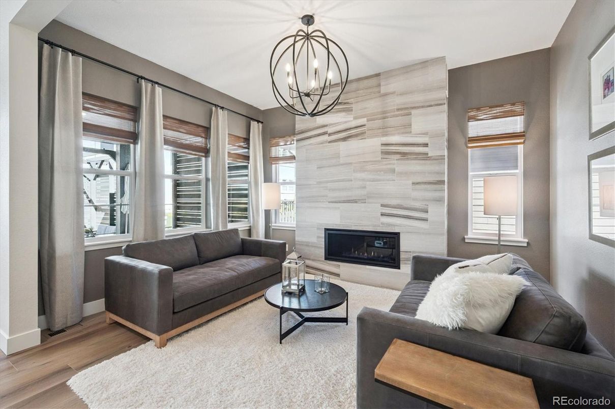Chandelier, Fireplace, Interior, Living room, Pendant Lights, Wood Texture Flooring, Wooden Walls