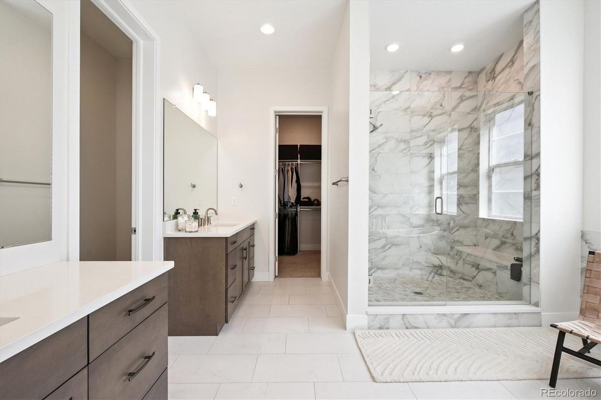 Bathroom, Glass Shower, Interior, Marble, Marble Walls, Recessed Lighting, Walk-in Closets
