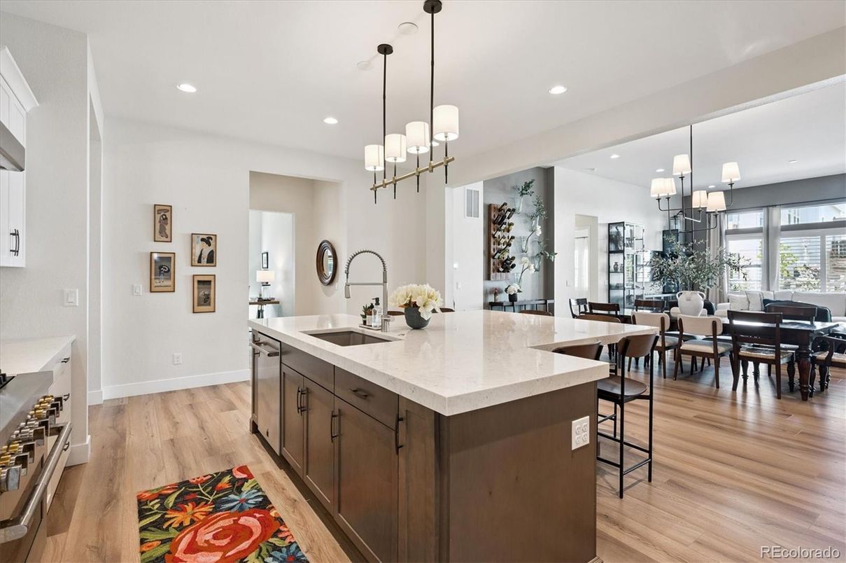 Chandelier, Dining room, Interior, Kitchen, Pendant Lights, Recessed Lighting, Wood Texture Flooring