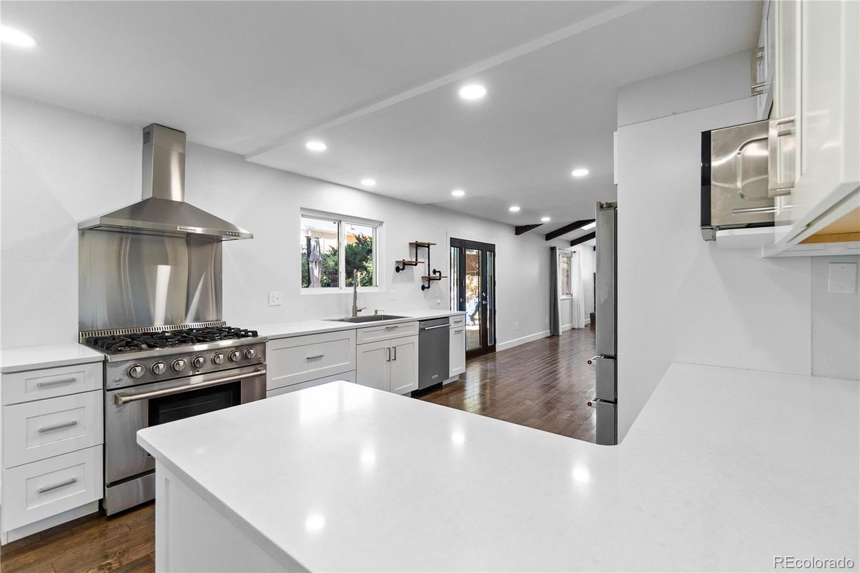 Interior, Kitchen, Recessed Lighting, Stainless Steel Appliances, Wood Texture Flooring