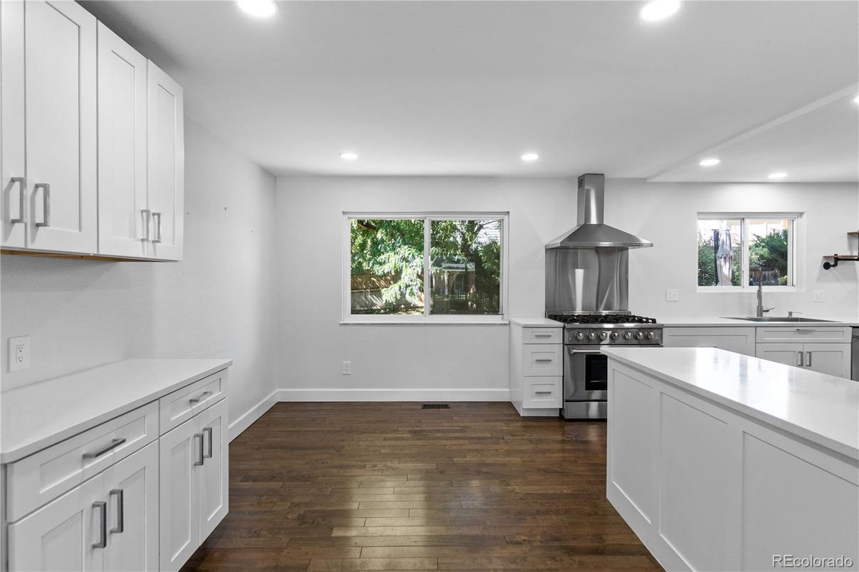 Interior, Kitchen, Recessed Lighting, Stainless Steel Appliances, Wood Texture Flooring