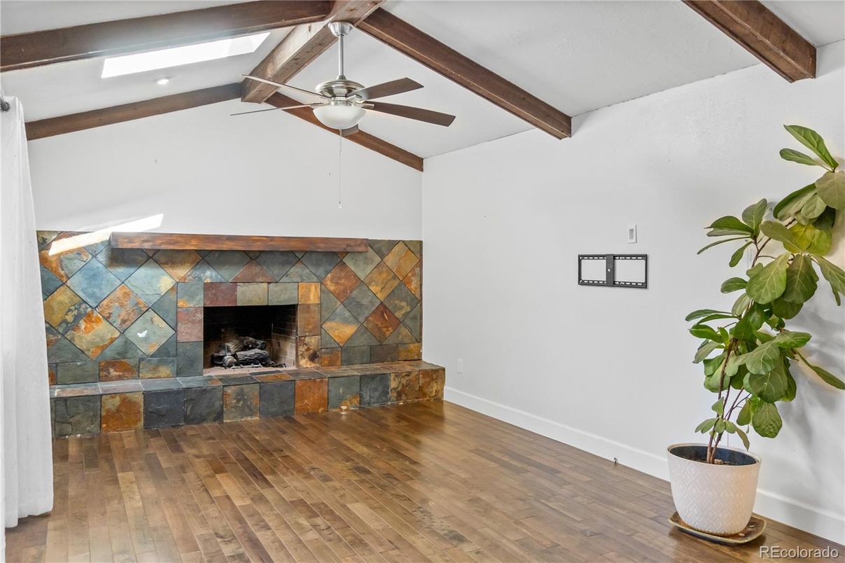 Empty room, Fireplace, Interior, Recessed Lighting, Wooden Beams, Wood Texture Flooring