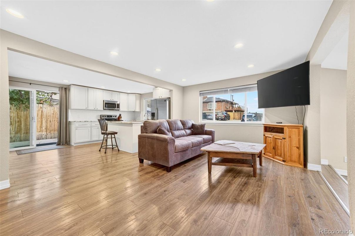 Interior, Kitchen, Living room, Recessed Lighting, Stainless Steel Appliances, Wood Texture Flooring