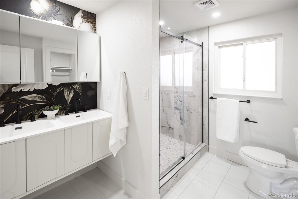 Bathroom, Glass Shower, Interior, Marble Walls, Recessed Lighting