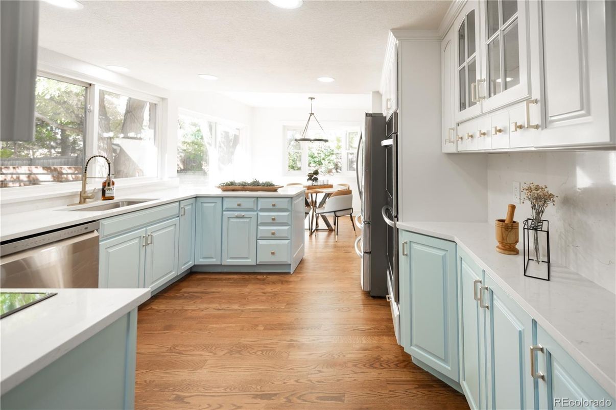 Interior, Kitchen, Pendant Lights, Recessed Lighting, Stainless Steel Appliances, Wood Texture Flooring