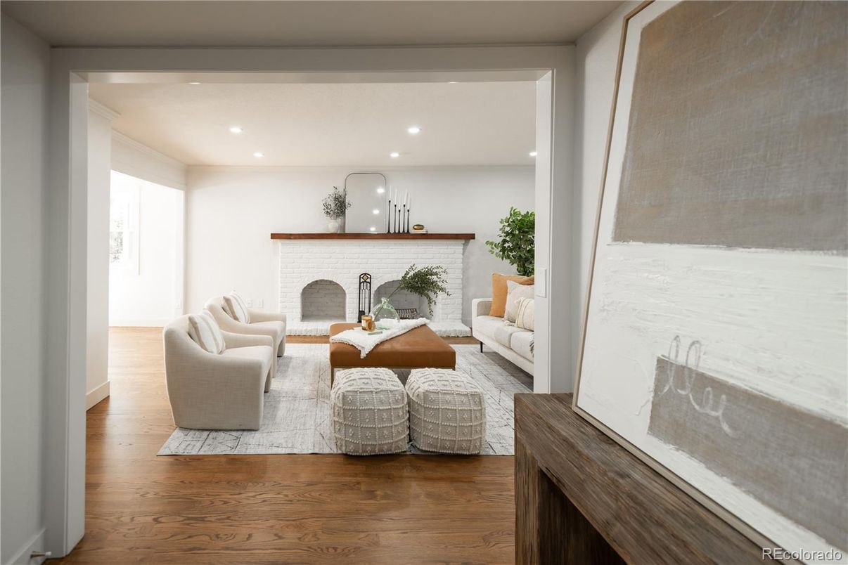 Fireplace, Interior, Living room, Recessed Lighting, Wood Texture Flooring
