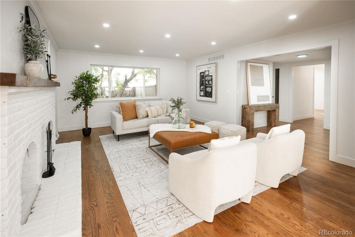 Fireplace, Interior, Living room, Recessed Lighting, Wood Texture Flooring