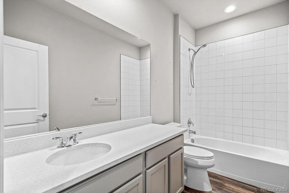 Bathroom, Dual Sink Vanities, Interior, Recessed Lighting, Wood Texture Flooring