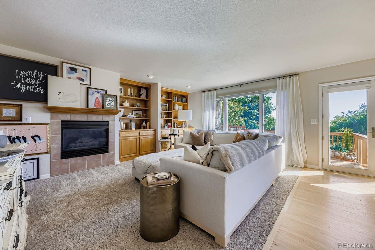 Fireplace, Interior, Living room, Recessed Lighting, Wood Texture Flooring