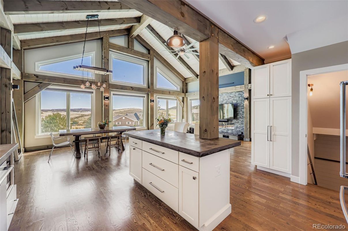 Dining room, Interior, Kitchen, Pendant Lights, Recessed Lighting, Wooden Beams, Wooden Ceilings, Wood Texture Flooring