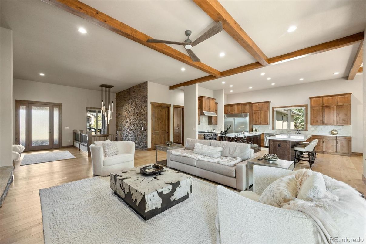 Interior, Kitchen, Living room, Pendant Lights, Recessed Lighting, Wooden Beams, Wood Texture Flooring