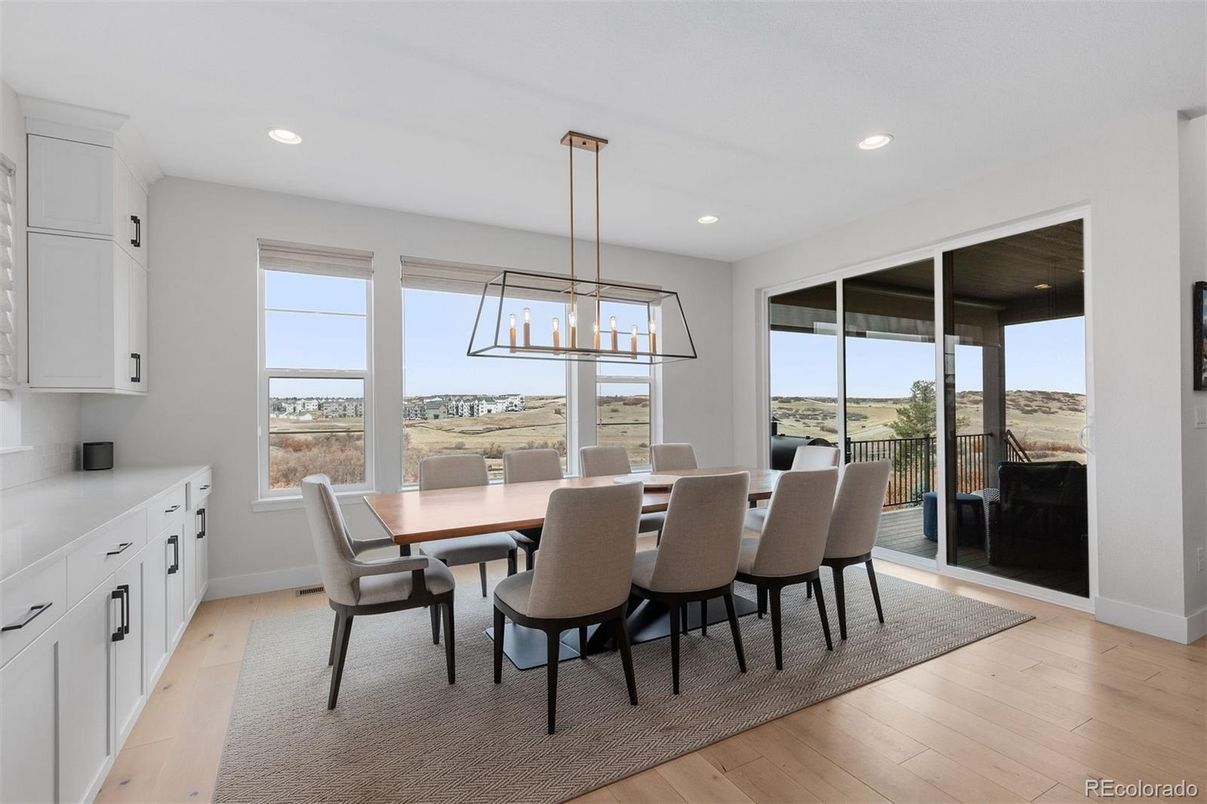 Dining room, Interior, Pendant Lights, Recessed Lighting, Water, Wood Texture Flooring