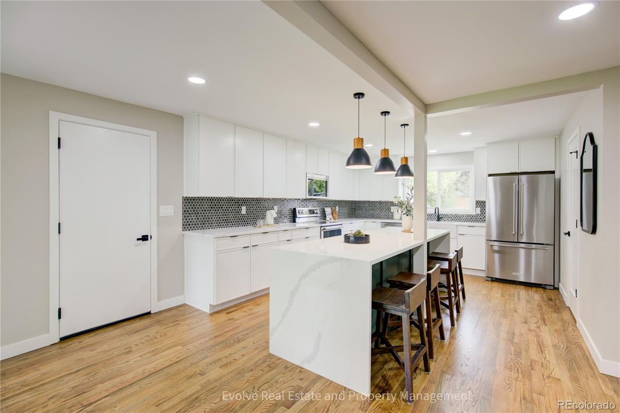 Interior, Kitchen, Pendant Lights, Recessed Lighting, Stainless Steel Appliances, Wood Texture Flooring