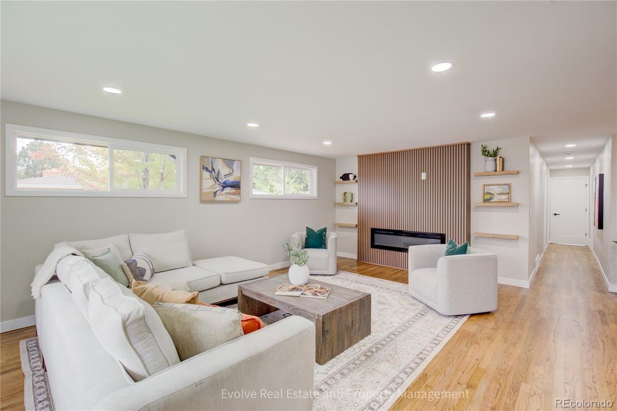 Fireplace, Interior, Living room, Recessed Lighting, Wood Texture Flooring