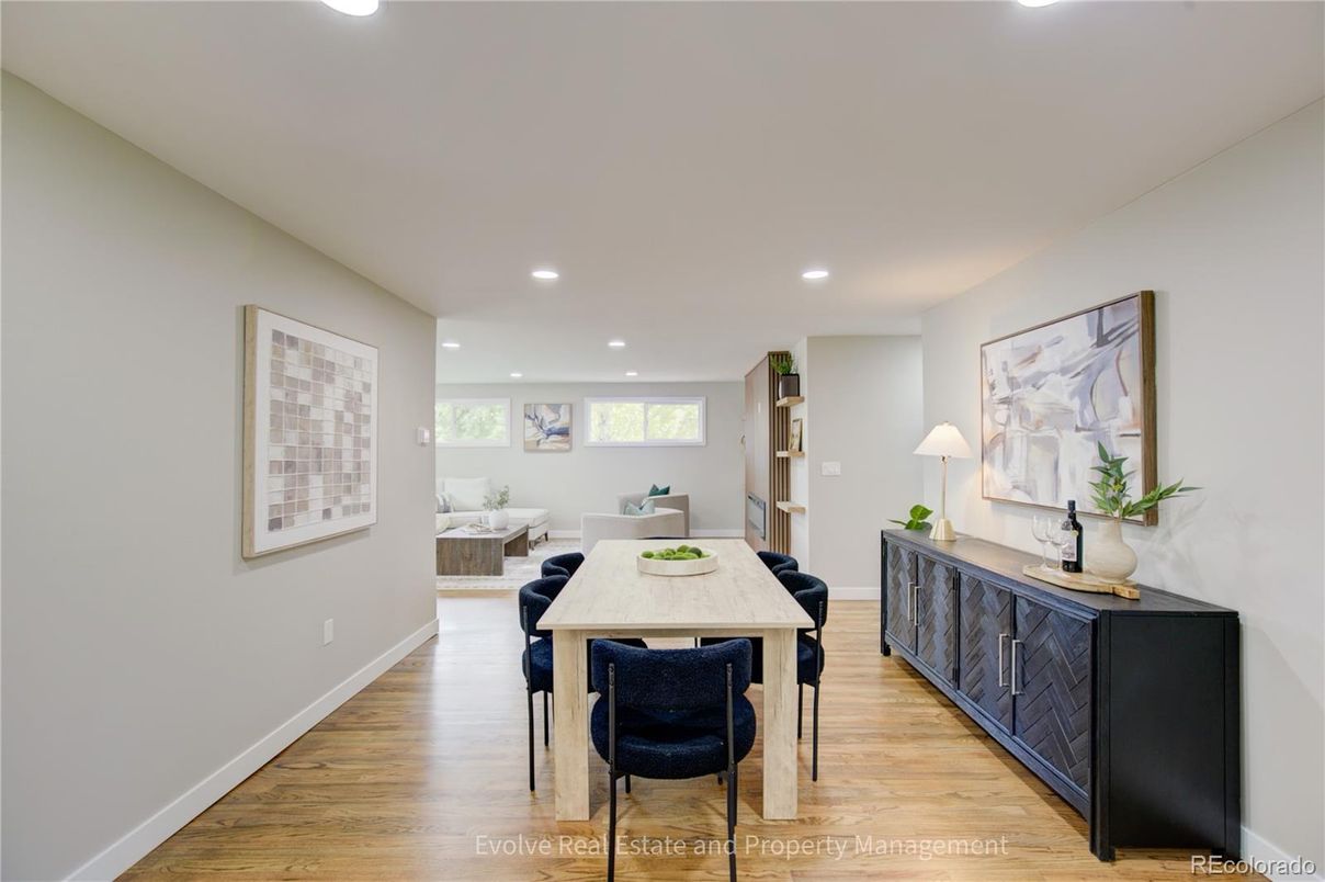 Dining room, Interior, Recessed Lighting, Wood Texture Flooring