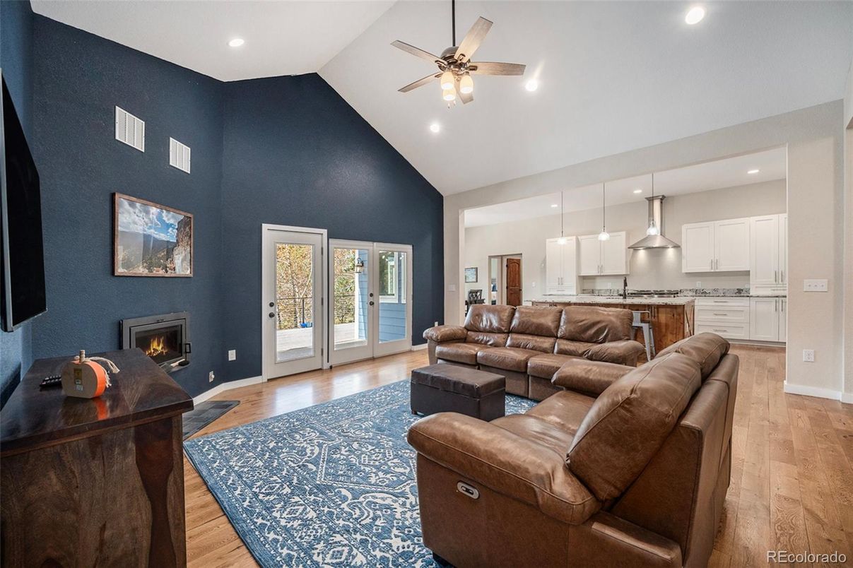 Fireplace, Interior, Kitchen, Living room, Pendant Lights, Recessed Lighting, Wood Texture Flooring