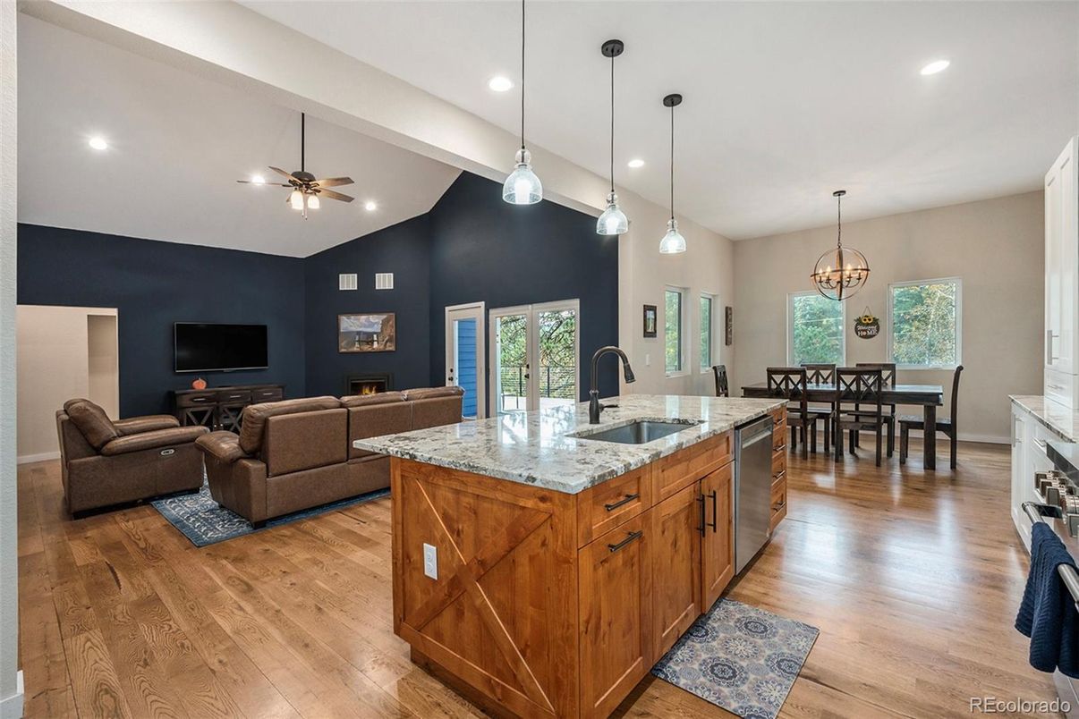 Chandelier, Dining room, Interior, Kitchen, Living room, Pendant Lights, Recessed Lighting, Wood Texture Flooring