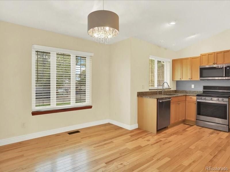 Chandelier, Interior, Kitchen, Recessed Lighting, Wood Texture Flooring