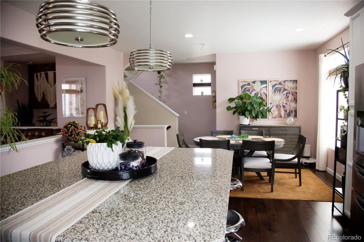 Dining room, Interior, Pendant Lights, Recessed Lighting, Wood Texture Flooring