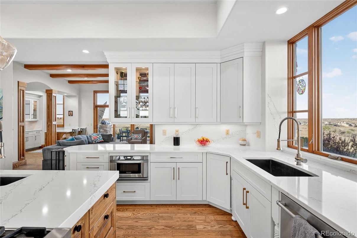 Interior, Kitchen, Recessed Lighting, Stainless Steel Appliances, Wooden Beams, Wood Texture Flooring