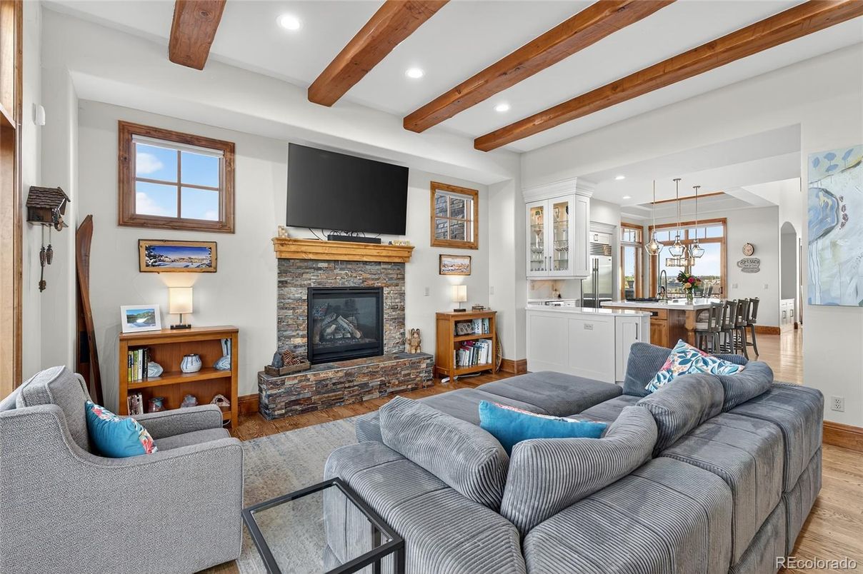 Fireplace, Interior, Kitchen, Living room, Pendant Lights, Recessed Lighting, Wooden Beams, Wood Texture Flooring