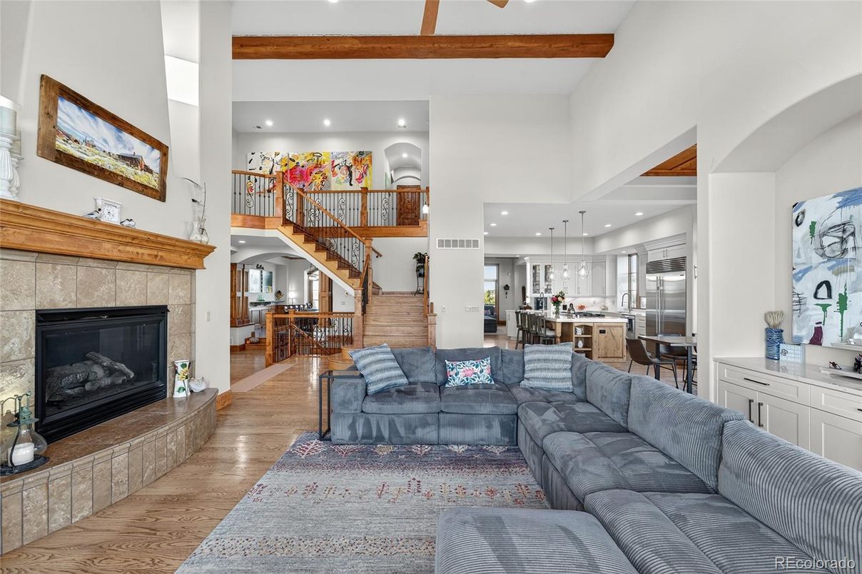 Fireplace, Interior, Kitchen, Living room, Pendant Lights, Recessed Lighting, Wooden Beams, Wood Texture Flooring