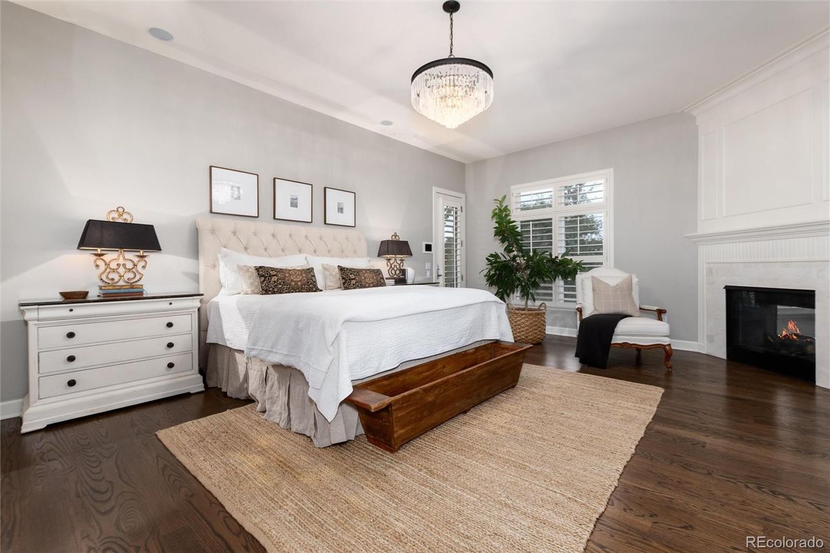 Bedroom, Chandelier, Fireplace, Interior, Wood Texture Flooring