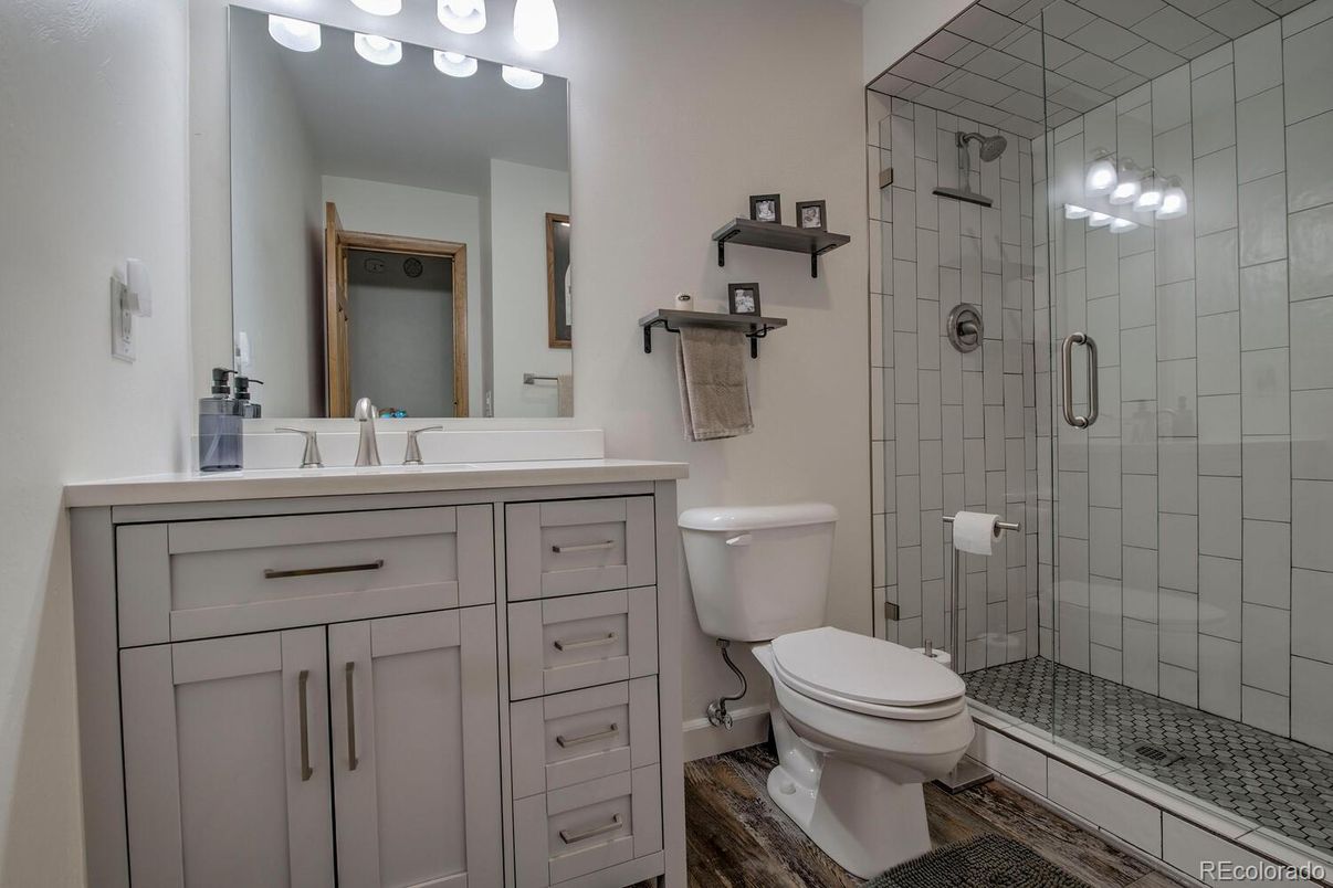 Bathroom, Glass Shower, Interior, Wood Texture Flooring
